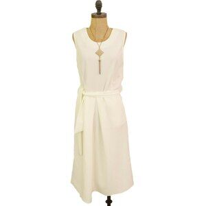 Elizabeth Crosby Midi Dress Size L Sleeveless Belted Pleated Ivory EUC B90